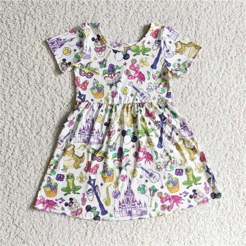 RTS NO MOQ Sibling baby girl clothes carnival mask purple and white plaid short-sleeved dresses