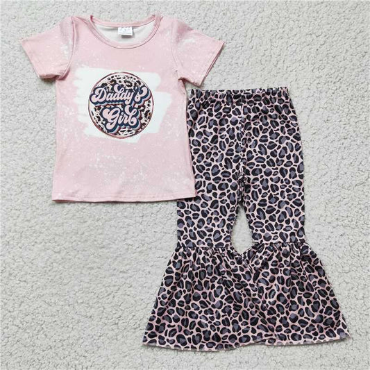 SALES NEW Baby Girls Pink Short Sleeve Leopard Bell Pant Outfit Set Cute Baby Girl Clothing Set