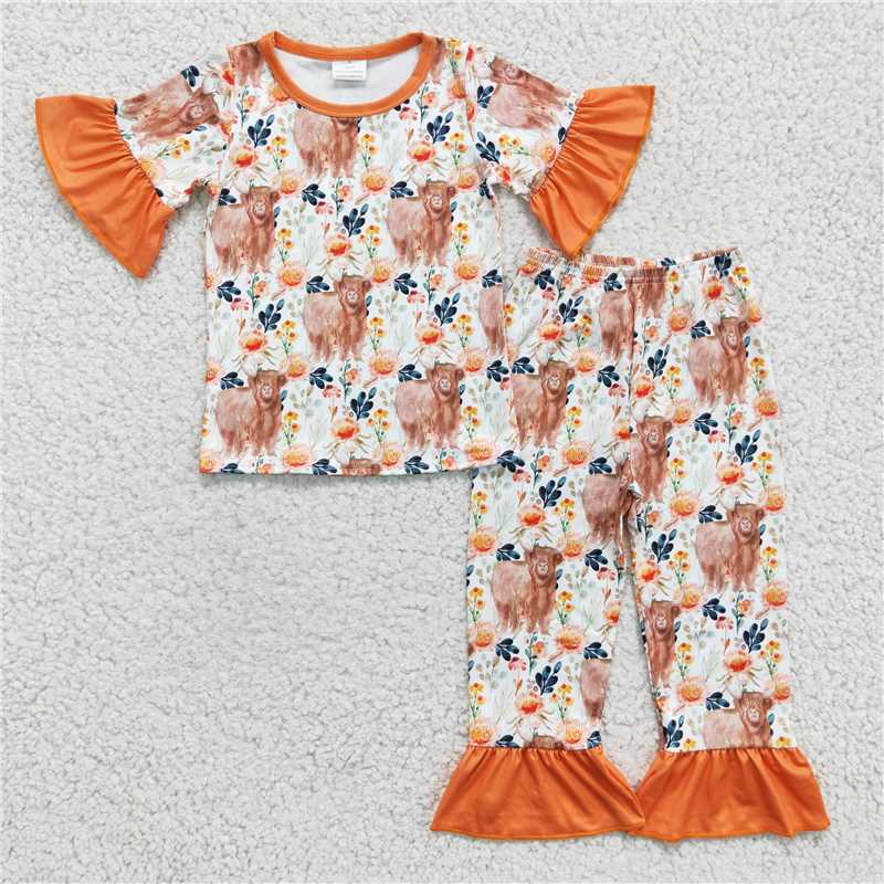 SALES NEW Baby Girls Highland Cow Ruffle Top Pants Pajamas Set Cute Print Sleepwear for Little Ones