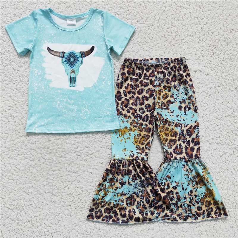 SALES NEW Baby Girls Western Cow Blue Short Sleeve Leopard Print Bell Pants Clothes Sets