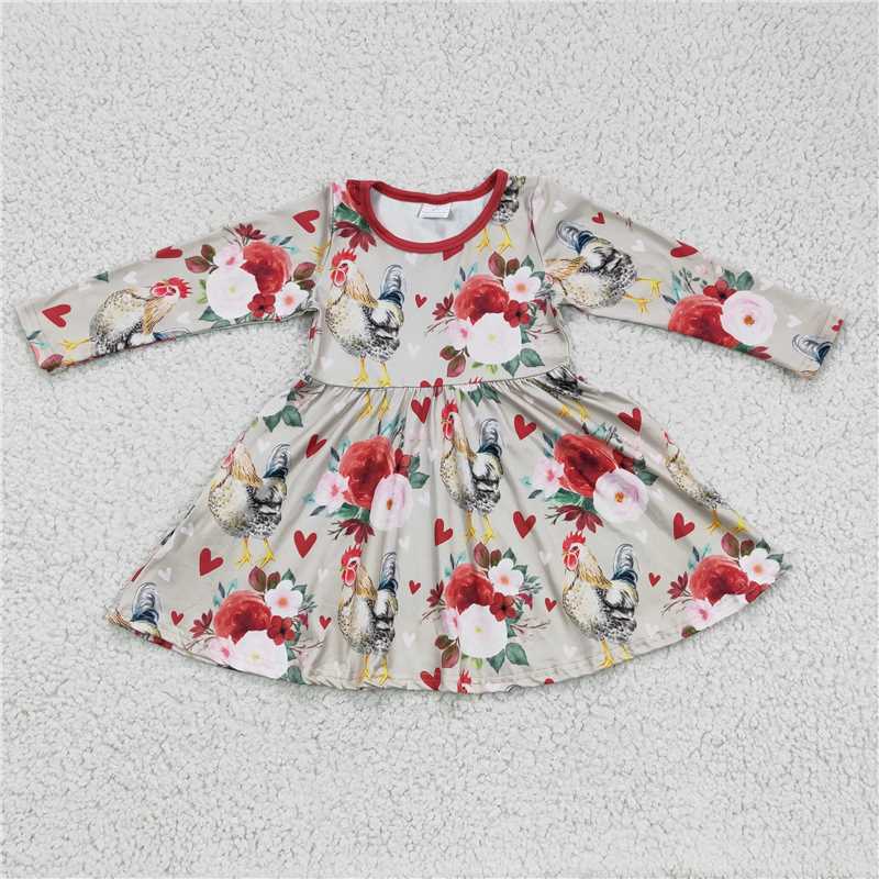 SALES NEW Valentine's Day Baby Girls Flower Chicken Print Knee-Length Dress Cute Children's Clothing for Girls
