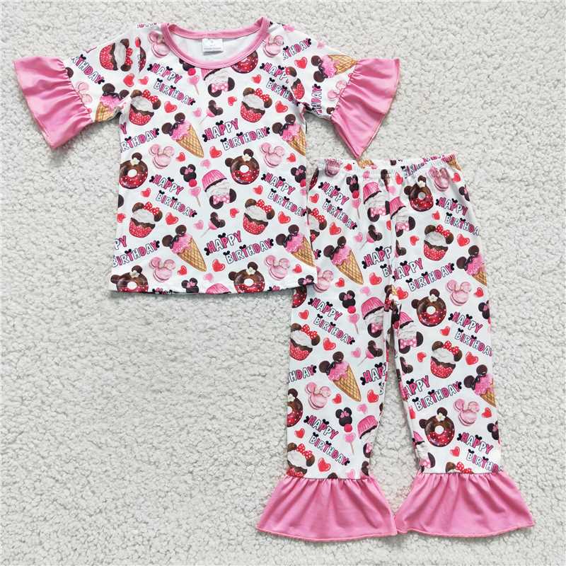 SALES NEW Baby Girls Birthday Cake Pajamas Pants Set Cute Toddler Sleepwear Comfortable Soft Fabric Baby Outfits for Girls
