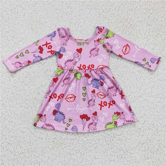 SALES NEW Baby Girls Dinosaur Valentines Dresses Cute Toddler Girls Clothes Green Yellow Dino Print Cotton Dress for Valentine's Day