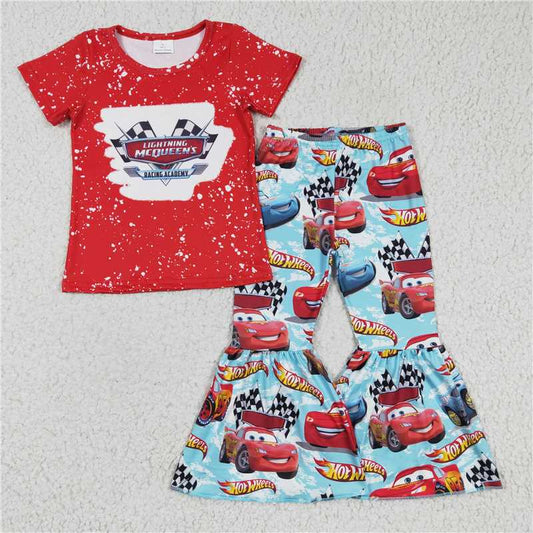 SALES NEW Baby Girls Red Short Sleeve Car Racing Bell Pants Outfit Set Cute And Fashionable Clothing Ensemble for Little Ones
