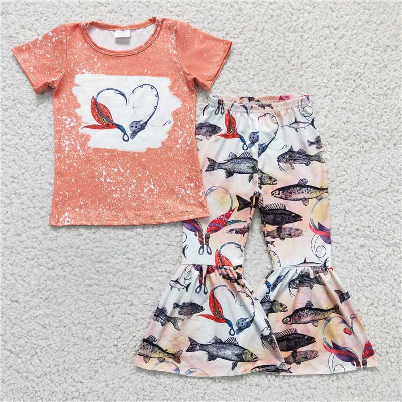 SALES NEW Baby Girls Fishing Print Orange Top And Bell Pants Set Cute Baby Outfit for Girls