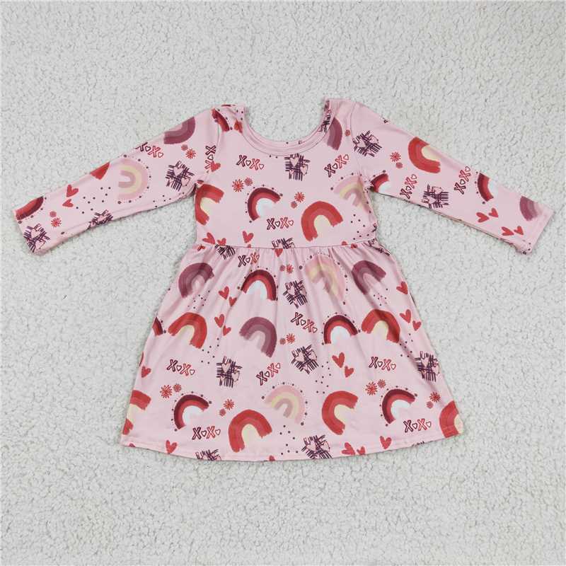 SALES NEW Valentine's Day Baby Girls Rainbow Knee-Length Dress Infant Outfit Soft Cotton Romper with Heart Pattern
