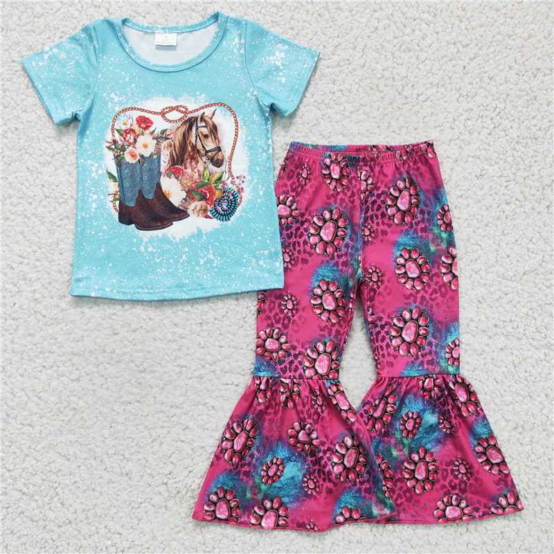 SALES NEW Baby Girls Blue Short Sleeve Western Horse Print Bell Pants Outfit Set Cute Children's Clothing Ensemble for Little Girls