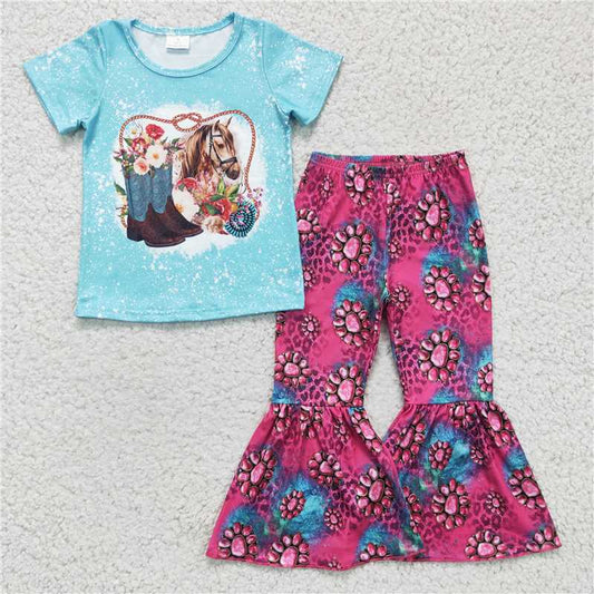 SALES NEW Baby Girls Blue Short Sleeve Western Horse Print Bell Pants Outfit Set Cute Children's Clothing Ensemble for Little Girls