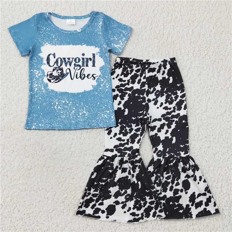 SALES NEW Baby Girls Blue Short Sleeve Western Cow Bell Bottom Pants Outfit Set Cute Baby Clothing Ensemble for Infants