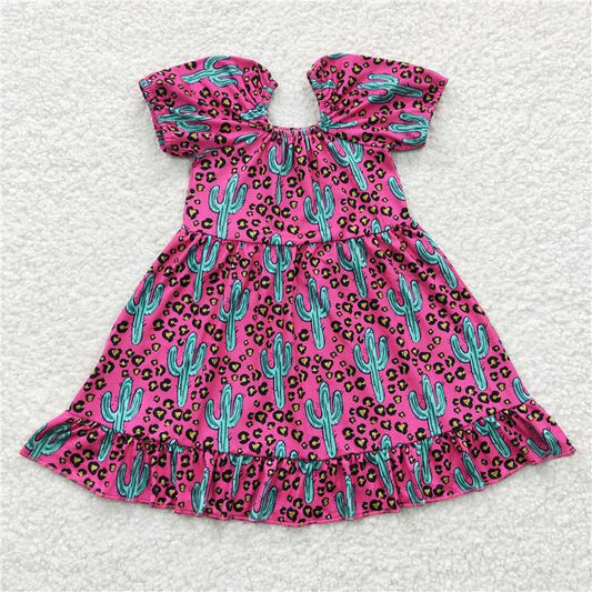 SALES NEW Baby Girls Western Cactus Print Pink Knee-Length Dress Cute Country Style Baby Girl's Dress
