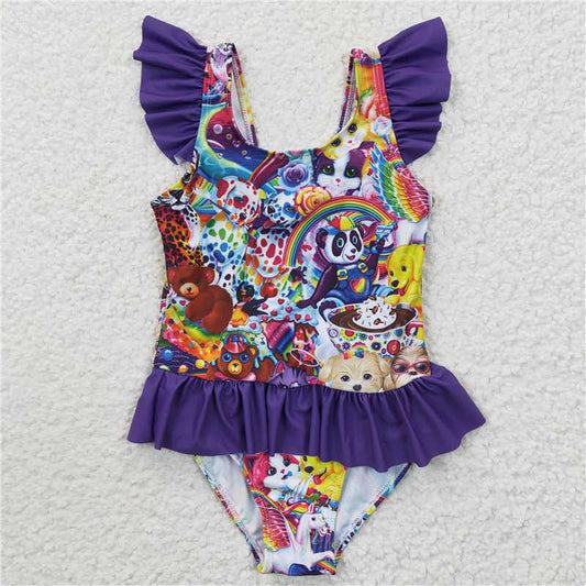 S0041 RTS NO MOQ（In Stock ) Girls LISA FRANK Purple One Piece Swimsuit