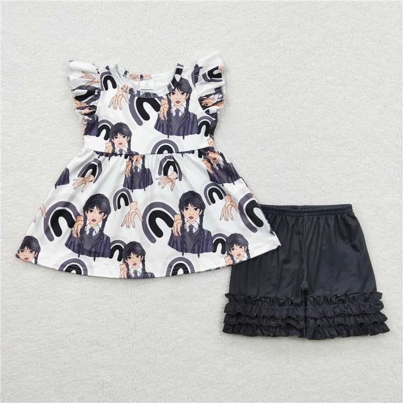 RTS NO MOQ Anime long braid girl print pattern short-sleeved shorts set & shorts skirt set
