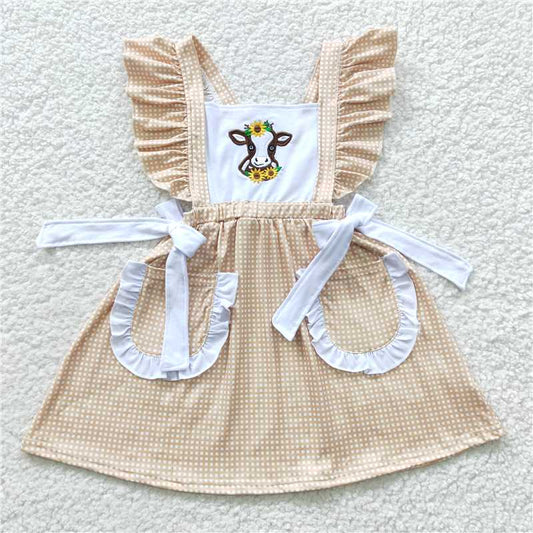 SALES NEW Baby Girls Western Embroiderey Cow Sunflowers Knee-Length Dresses Cute Children's  Pocket Vest Dress