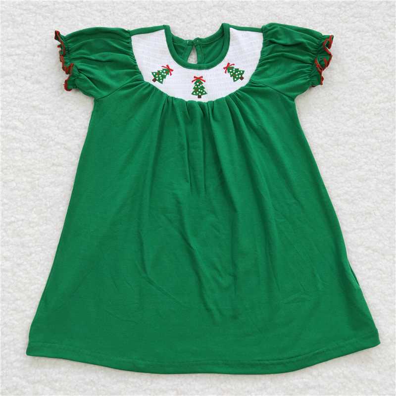 RTS NO MOQ GLD0331 smocked embroidered gift Santa Claus red and green plaid long-sleeved dress