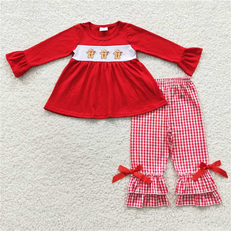 RTS NO MOQ（In Stock ) GLP0506 Embroidered Gingerbread Man Red Plaid Bow Knot Lace Long Sleeve Trousers Set