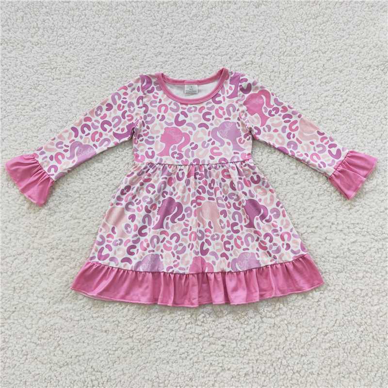 GLD0284 Girls  leopard pink lace long-sleeved dress