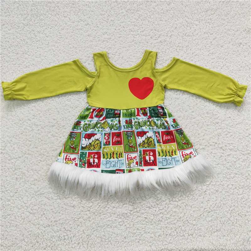 RTS NO MOQ 6A4-4 GLD0247 Valentine's Day embroidered heart pattern plush edge green romper & dress