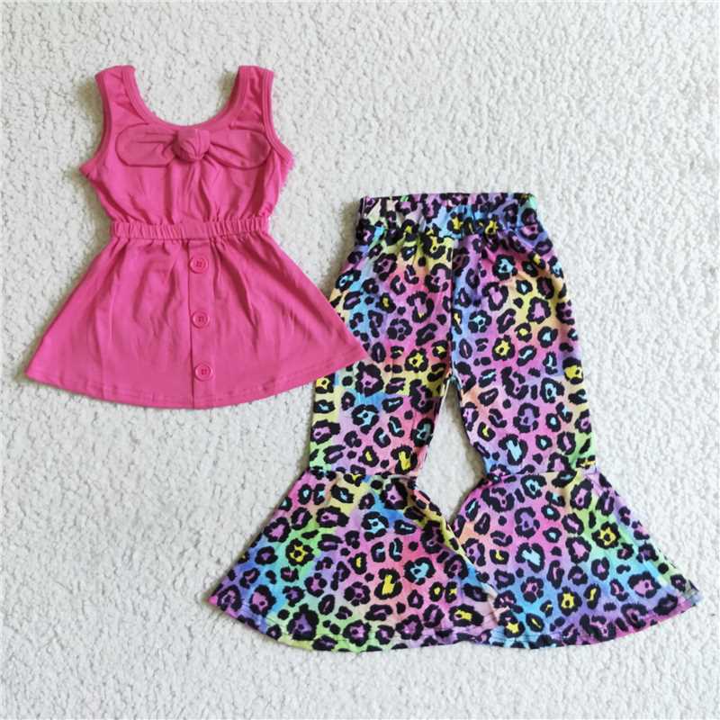 SALES NEW Baby Girl Hot pink Bow Strappy Top And Vibrant Bell Pants Set Cute Toddler Outfit