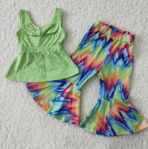 SALES NEW Baby Girl's Lime Bow Strappy Top And Tie-Dye Bell Pants Set Cute Summer Outfit for Infants Baby Clothing Set