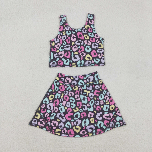 RTS NO MOQ（In Stock) GSD2176 Colorful leopard print gray vest and pants skirt yoga set