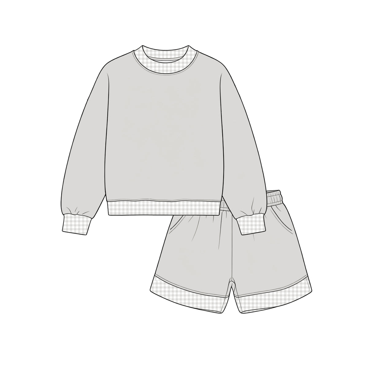 Custom moq 5 girls  Blank Cotton Fabric Sweatshirt Shorts Set Light gray sweatshirt and shorts set
