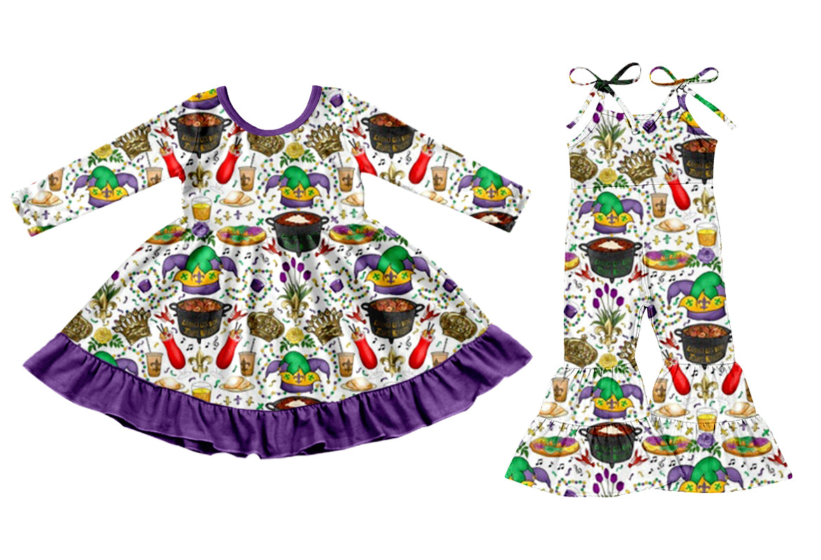 25.9.16 custom each style moq 8 eta 6-8week Sibling Sisters mardi gras purple baby girl long sleeve dress and jumpsuit match family design