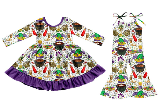 25.9.16 custom each style moq 8 eta 6-8week Sibling Sisters mardi gras purple baby girl long sleeve dress and jumpsuit match family design