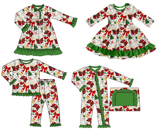 25.7.4 custom each style moq 5 eta 4-6week Sibling Sisters Christmas bow baby girl long sleeve pants sets and romper and dress 1 and dress 2 match family design
