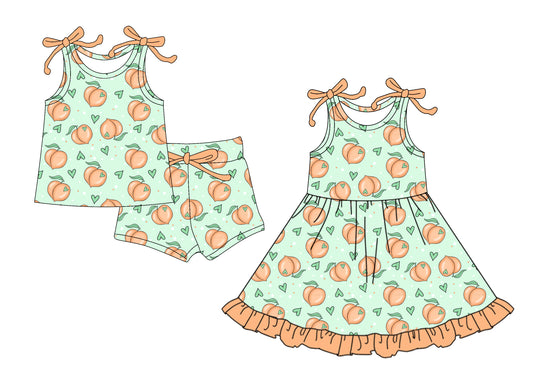 4.7 custom each style moq 5eta 4-6week Sibling Sister peach baby girl short sleeve shorts sets and dresses match design