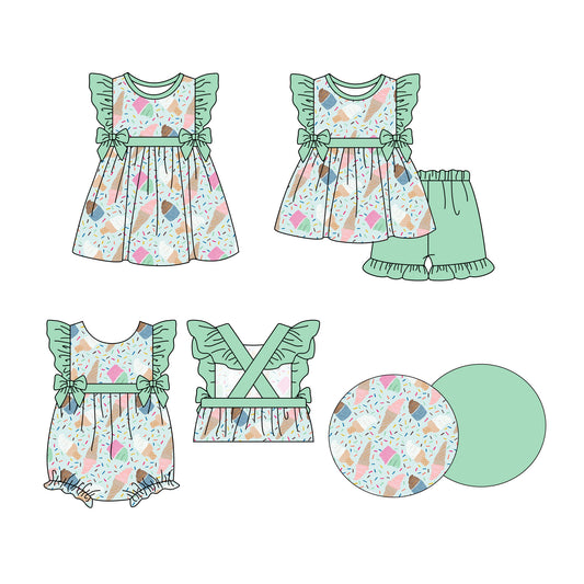 3.27 custom each style moq 5eta 4-6week Sibling Sisters ice cream baby girl short sleeve shorts sets and dress and rompers match family design