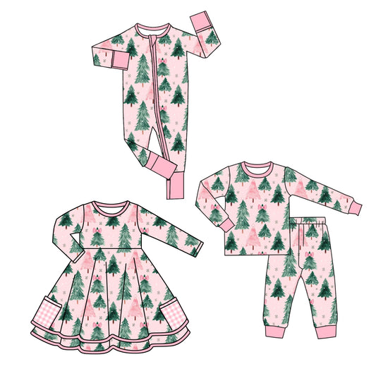 25.7.7 custom each style moq 5eta 4-6week Sibling Sisters Christmas trees baby girl long sleeve pants sets and dress and rompers match family design