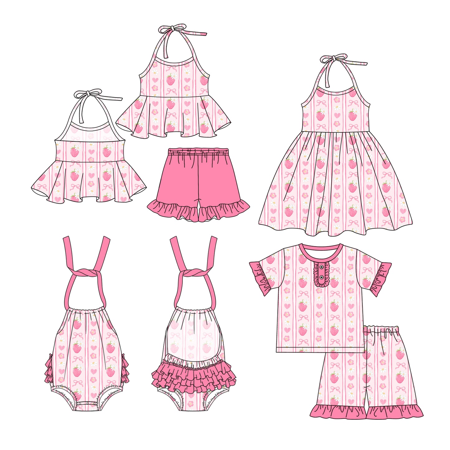2.27 custom each style moq 5eta 4-6week Sibling Sister strawberry bow baby girl short sleeve shorts sets and sets 2 and boy romper and dress match design