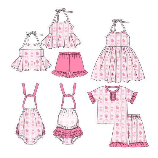 2.27 custom each style moq 5eta 4-6week Sibling Sister strawberry bow baby girl short sleeve shorts sets and sets 2 and boy romper and dress match design