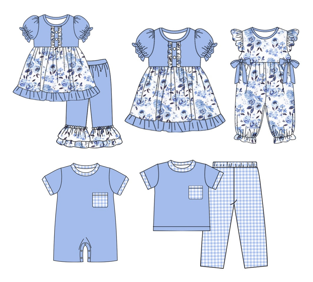 11.2 custom each style moq 5eta 4-6week Sibling Sister floral baby girl sets 1 and sets 2 and dress and boy rompers and girl romper match family design