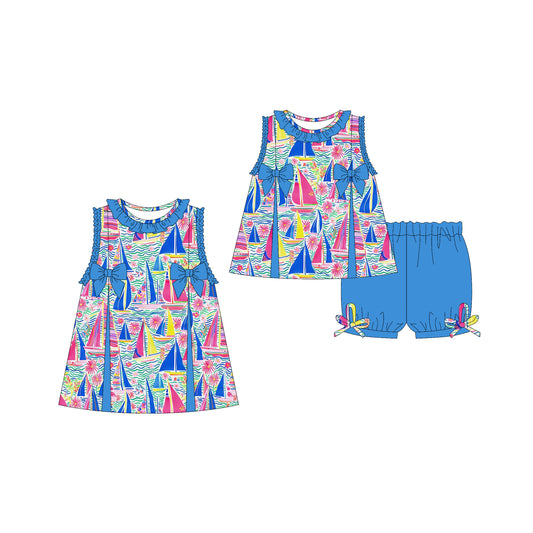 3.22 custom each style moq 5eta 4-6week Sibling Sister boat bow baby girl short sleeve shorts sets and dresses match design