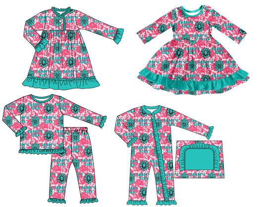 25.7.3 custom each style moq 5 eta 4-6week Sibling Sisters baby girl long sleeve pants sets and romper and dress 1 and dress 2 match family design