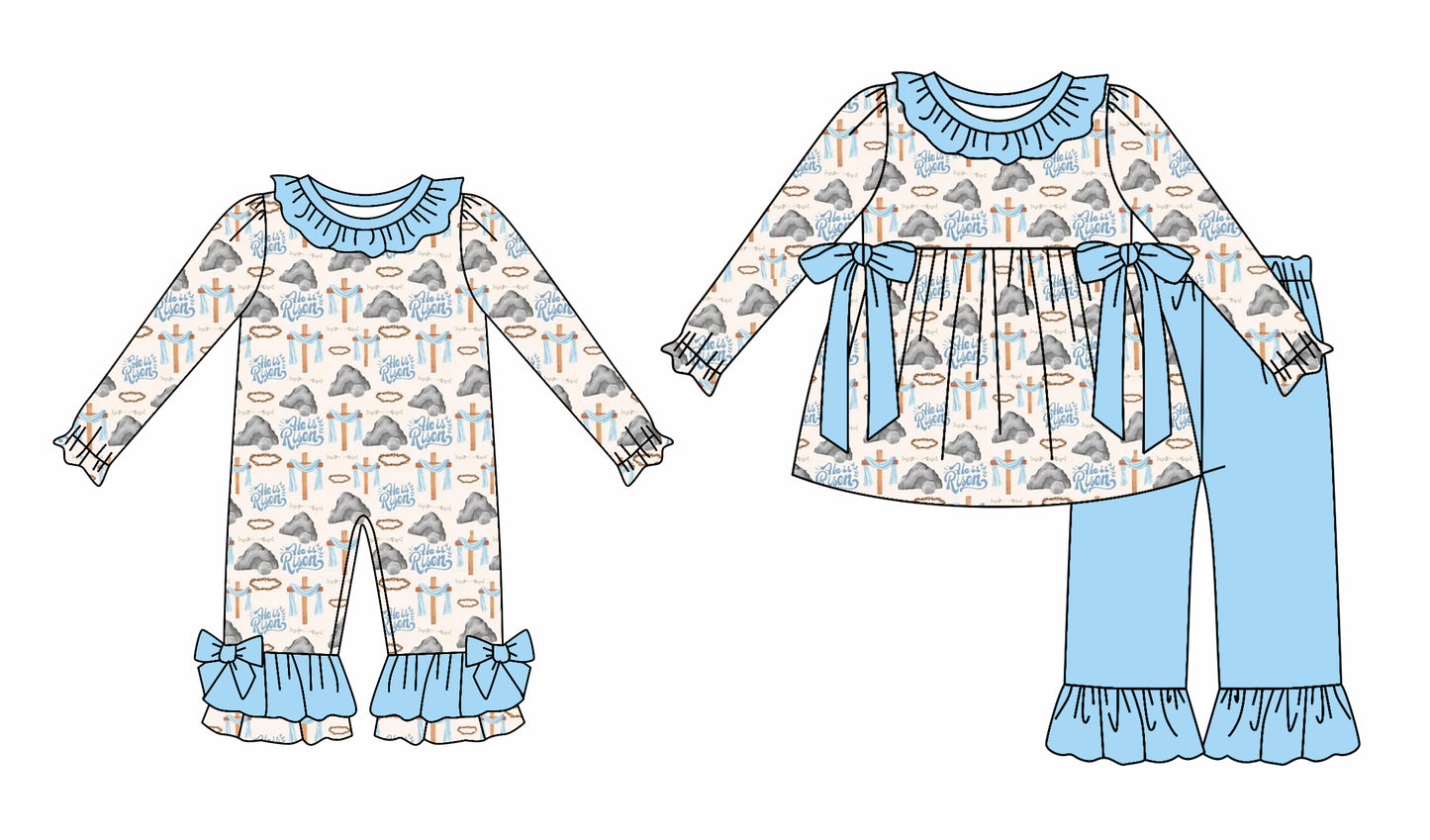 25.6.23 custom each style moq 5eta 4-6week Sibling Sisters blue baby girl long sleeve pants sets and rompers match family design
