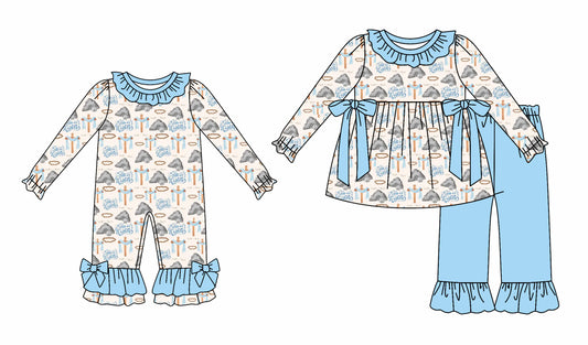25.6.23 custom each style moq 5eta 4-6week Sibling Sisters blue baby girl long sleeve pants sets and rompers match family design