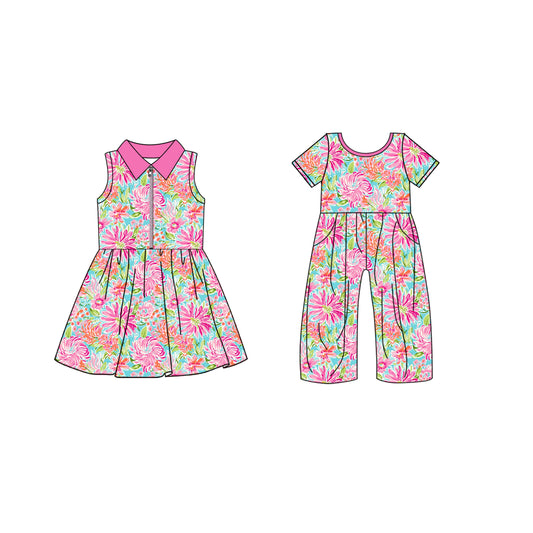 4.19 custom each style moq 5eta 4-6week Sibling Sister floral baby girl short sleeve yoga dresses and jumpsuit match design