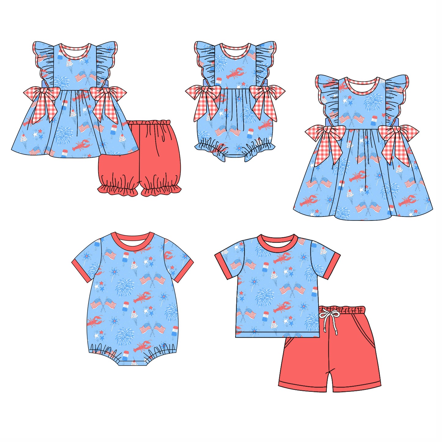 11.27 custom each style moq 5eta 4-6week Sibling Sister 4th of july ice cream baby girl short sleeve shorts sets and sets 2 and girls romper and boy romper and dress match design