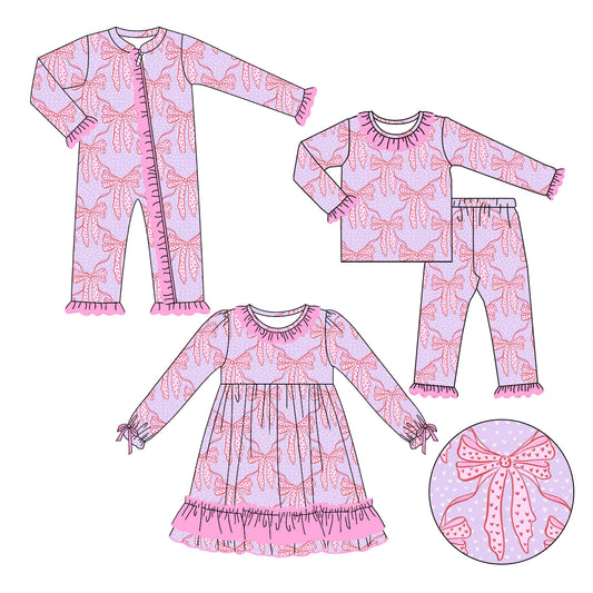 11.39 custom each style moq 5eta 4-6week Sibling Sister bow pink baby girl sets and dress and rompers match family design