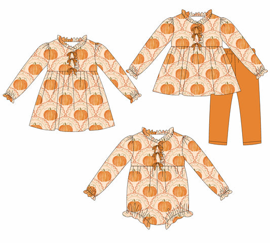 25.7.21 custom each style moq 5eta 4-6week Sibling Sisters pumpkin baby girl long sleeve pants sets and dress and rompers match family design