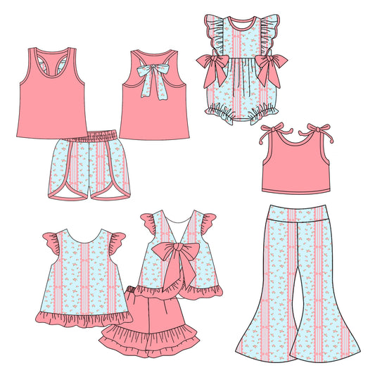 5.6 custom each style moq 5eta 4-6week Sibling Sisters floral baby girl short sleeve shorts sets 1 and sets 2 and pants sets and rompers match family design
