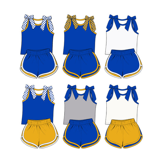 custom moq 5 mix size Baby Girls Bow Sleeveless Blue Top Shorts Summer Casual Clothes Set