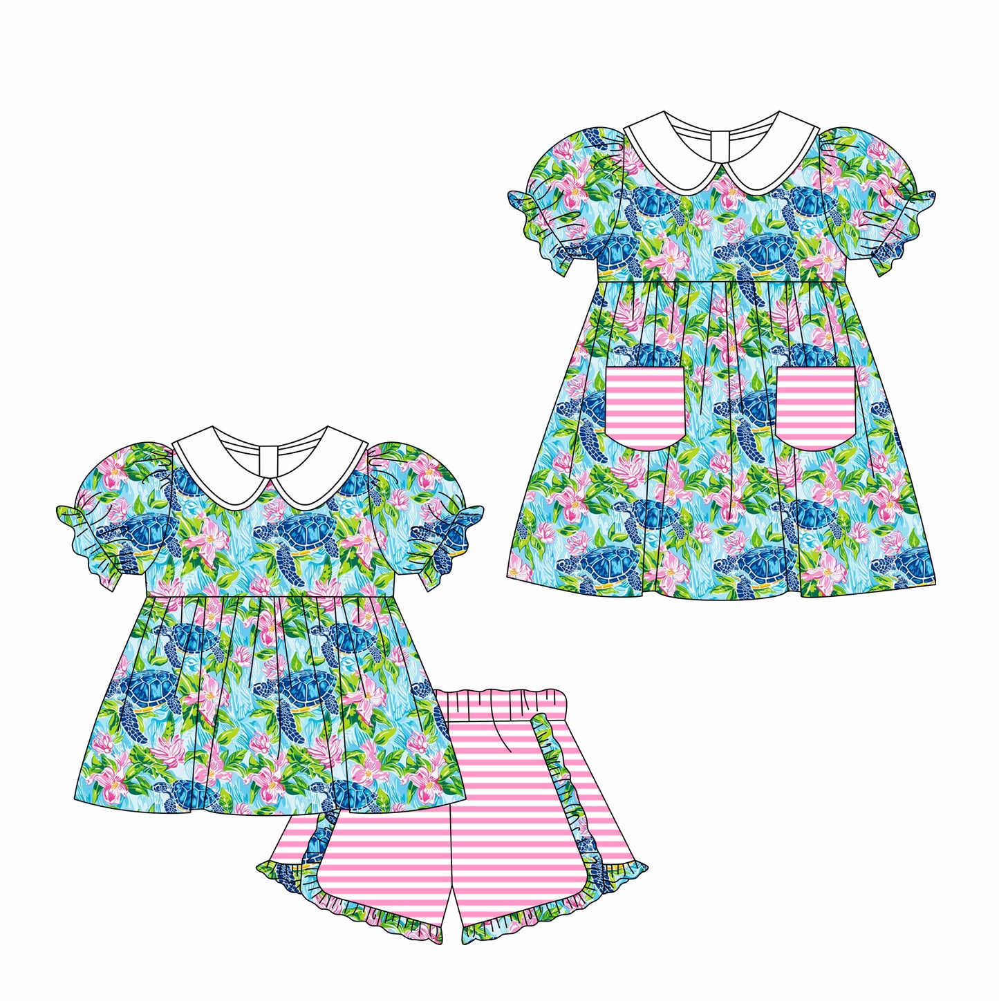 11.6 custom each style moq 5eta 4-6week Sibling Sister turtle blue baby girl short sleeve shorts sets and briefs sets and dresses match design