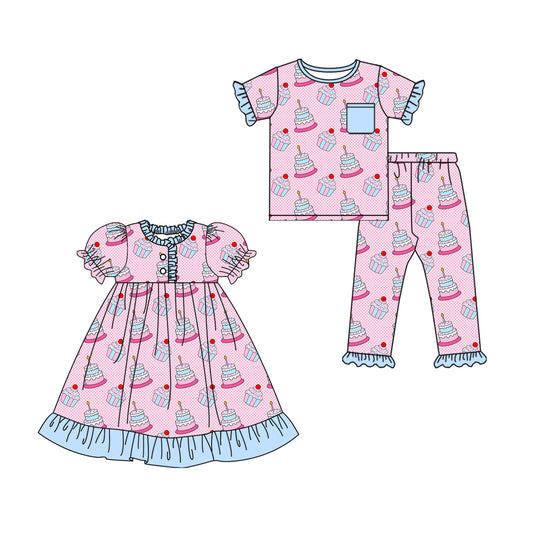 25.10.13 custom each style moq 5 eta 6-8week Sibling Sisters cake baby girl short sleeve pants sets and dress match family design