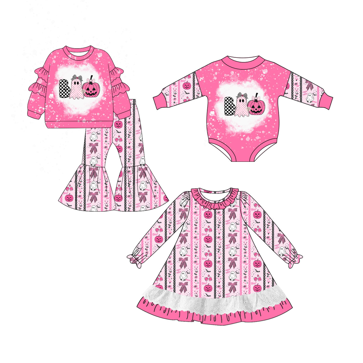 25.7.1 custom each style moq 5eta 4-6week Sibling Sisters halloween pink baby girl long sleeve pants sets and dress and rompers match family design