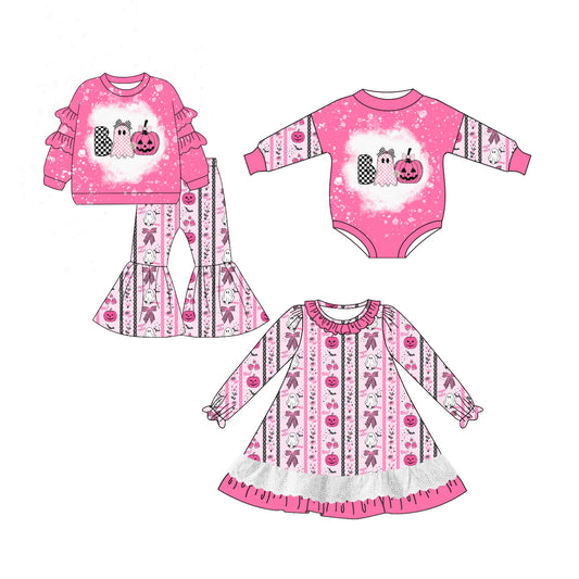25.7.1 custom each style moq 5eta 4-6week Sibling Sisters halloween pink baby girl long sleeve pants sets and dress and rompers match family design