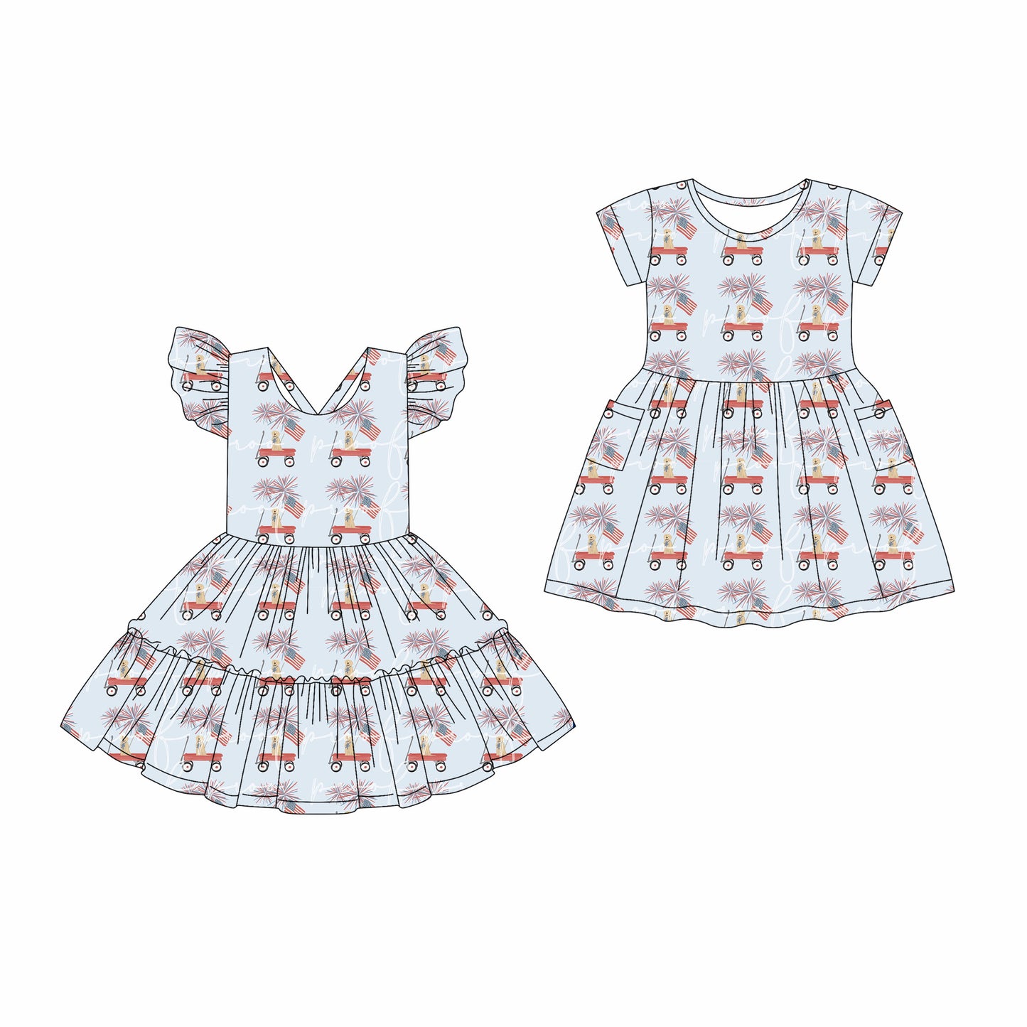 4.17 custom each style moq 5eta 4-6week Sibling Sister puppy flag bow baby girls clothes Short sleeve dress 1 and dress 2 match family design