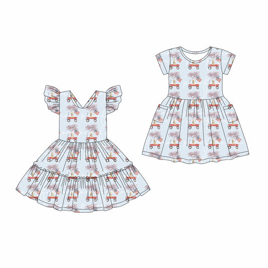 4.17 custom each style moq 5eta 4-6week Sibling Sister puppy flag bow baby girls clothes Short sleeve dress 1 and dress 2 match family design